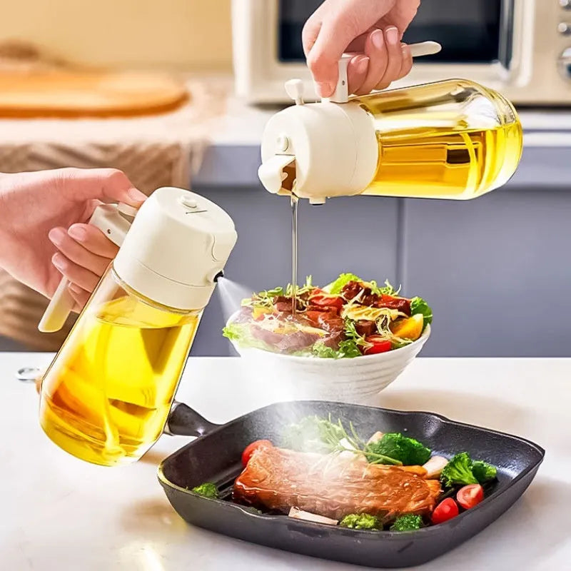 470ml glass oil sprayer dispenser with ergonomic handle in beige, black, green, or yellow colour options