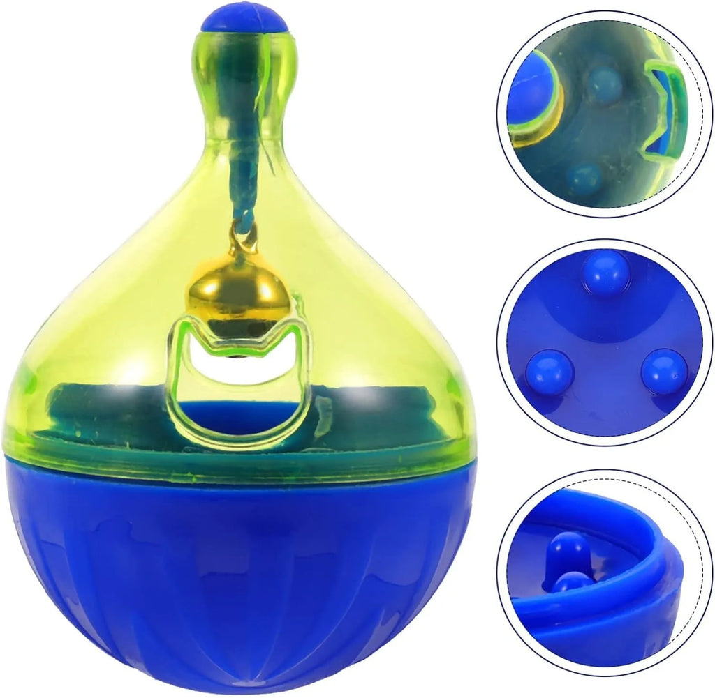 Tumbler-shaped pet treat dispenser ball for dogs and cats measuring 14x10x10cm