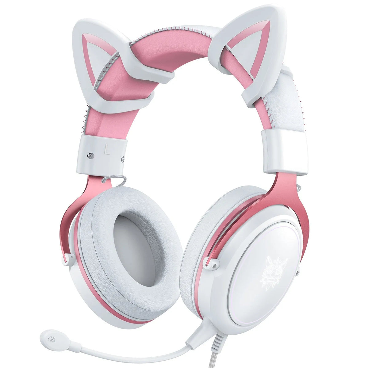 White cat ear wired gaming headset with 3.5mm plug, 50mm drivers, and 2.2m braided cable