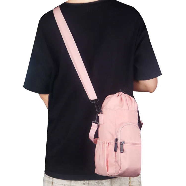 Cloth water bottle pouch with crossbody strap in black green pink colours