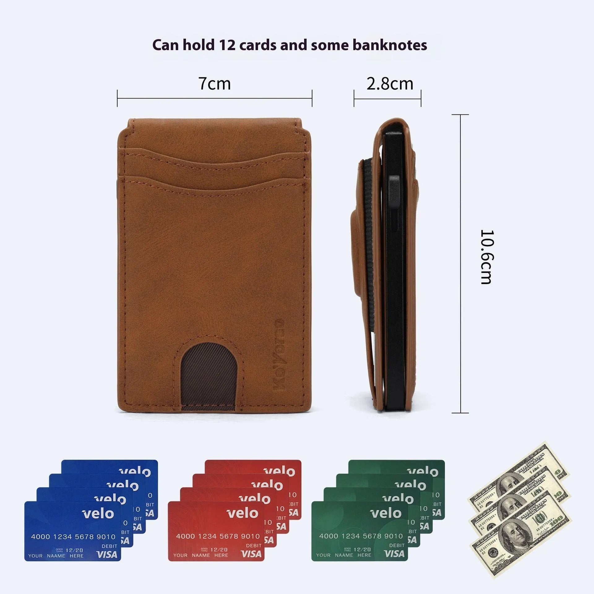 Slim synthetic leather men's card holder wallet in black, dark brown, and light brown colours.