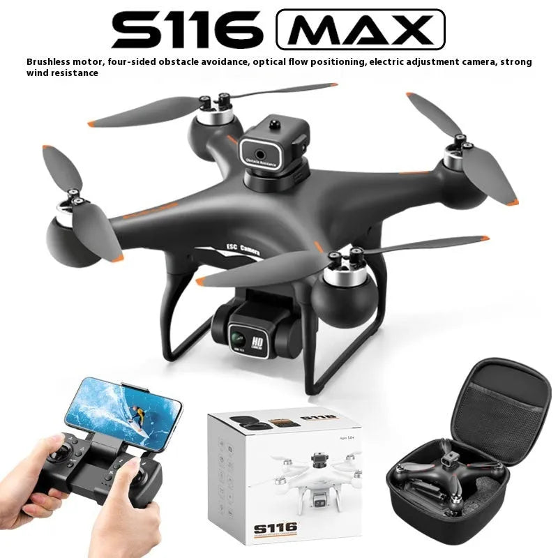 S116 black HD brushless UAV with four-side obstacle avoidance and camera in flight