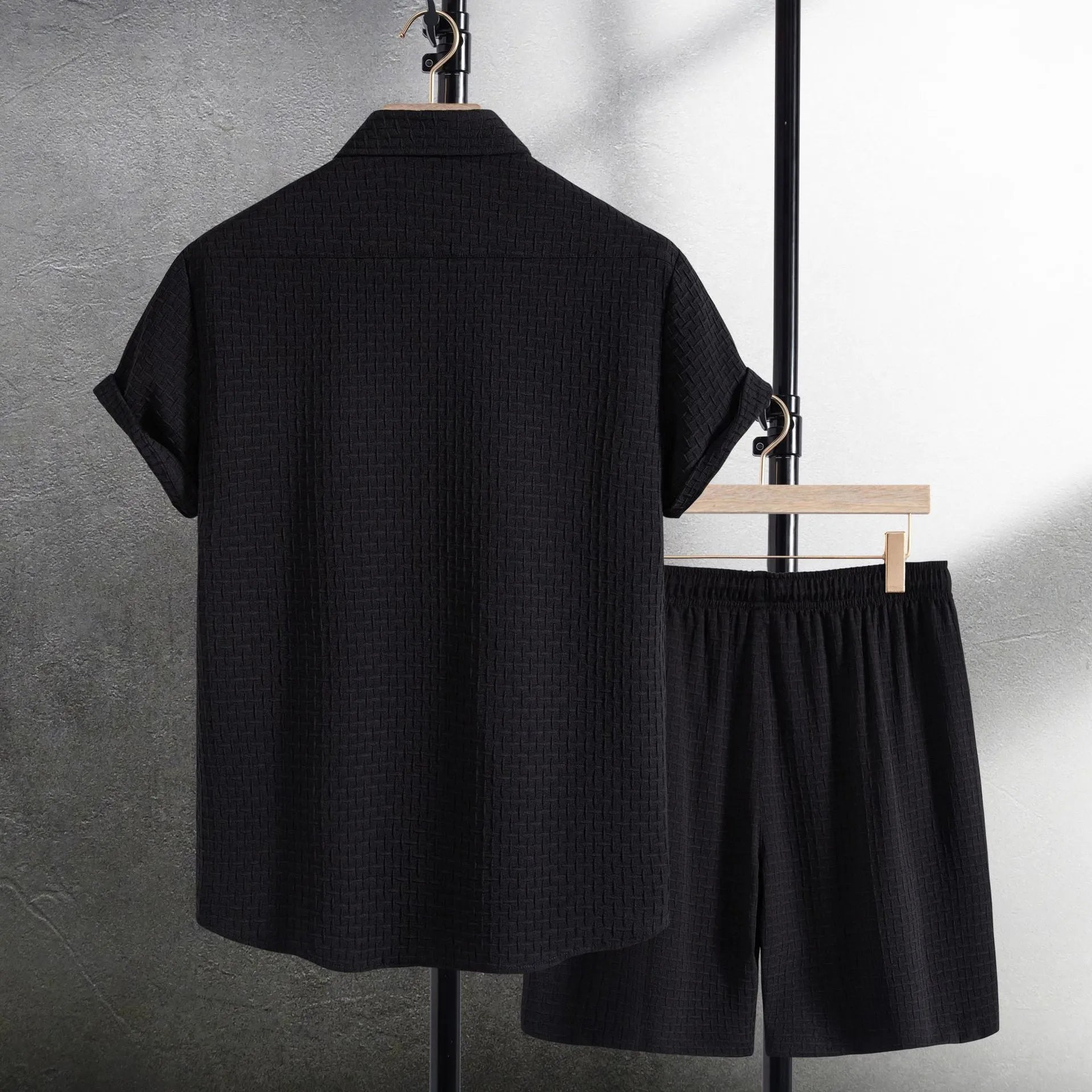 Men's cotton blend shirt and shorts set in black or white with short sleeves for summer leisure wear