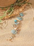 Women's alloy bracelet with starfish design in turquoise, coral red, or coral blue with marine shell and boat anchor elements