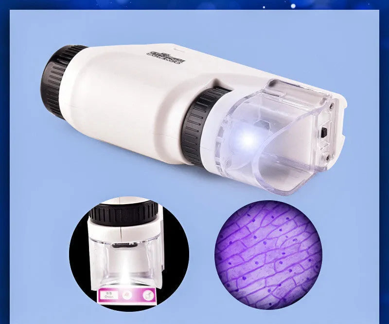 Children's portable optical handheld microscope toy 8.5x5x15cm in blue, pink or white with colour box