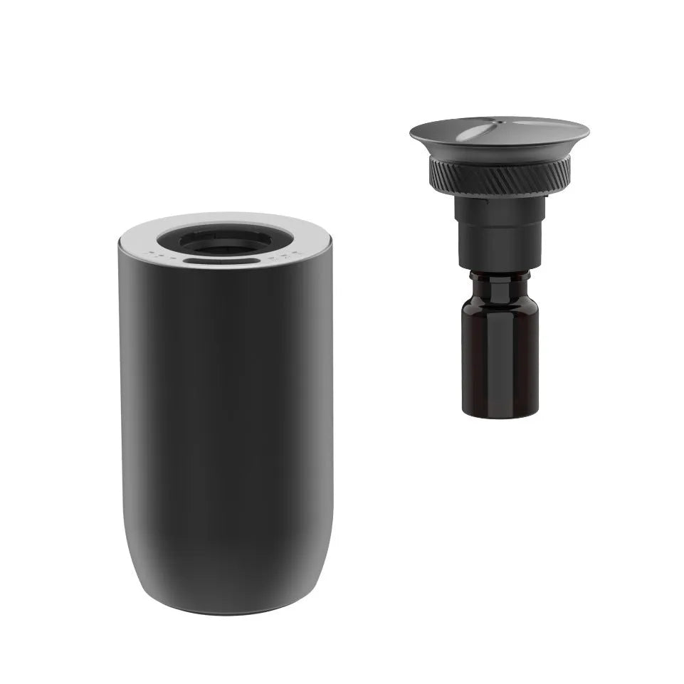 Portable car aroma diffuser in column shape with metal construction and touch button interface
