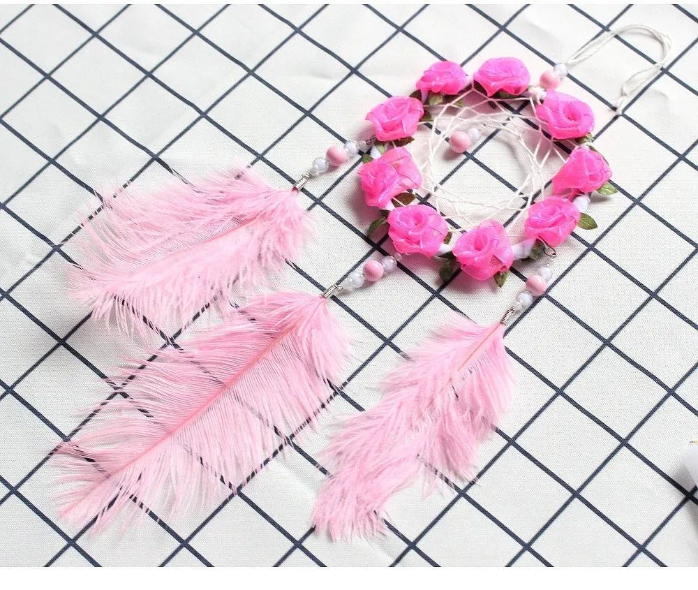 Pink ostrich feather dreamcatcher wind chimes wall decoration measuring 10cm