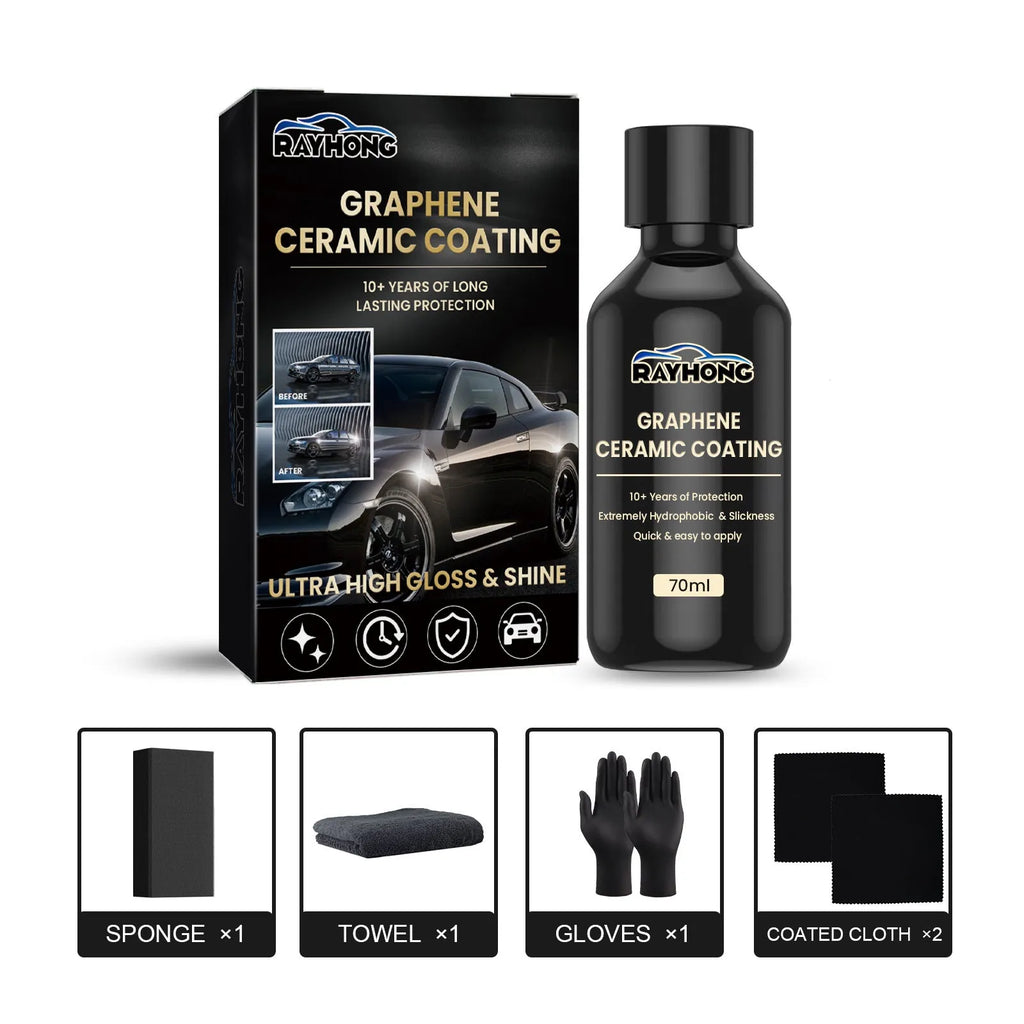 70ml graphene ceramic coating bottle with sponge, towel, gloves, and coating cloths for car paint protection