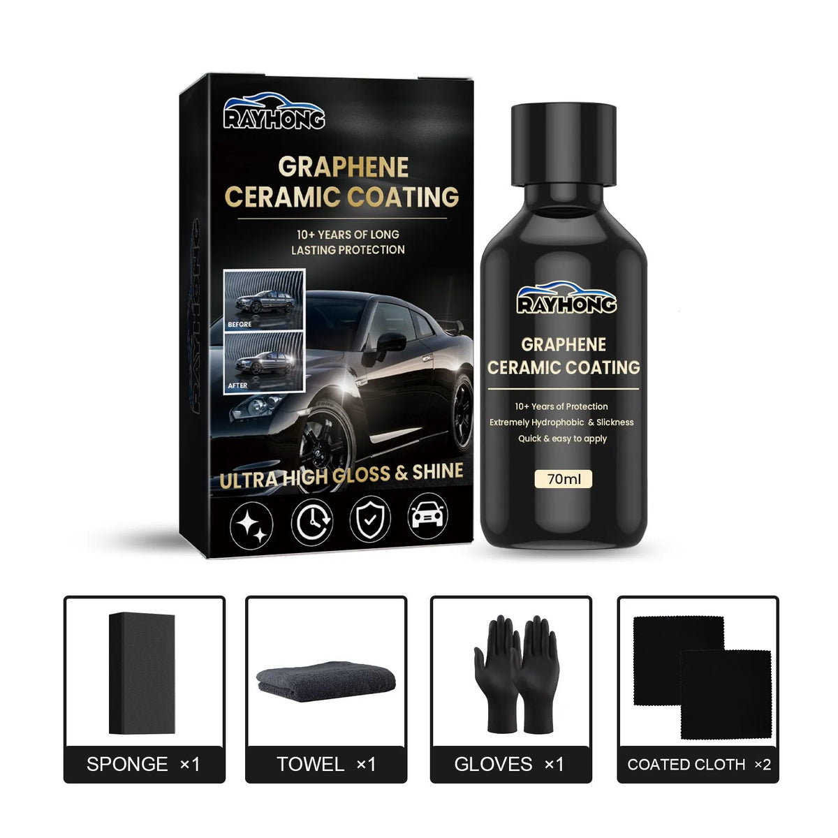 70ml graphene ceramic coating bottle with sponge, towel, gloves, and coating cloths for car paint protection