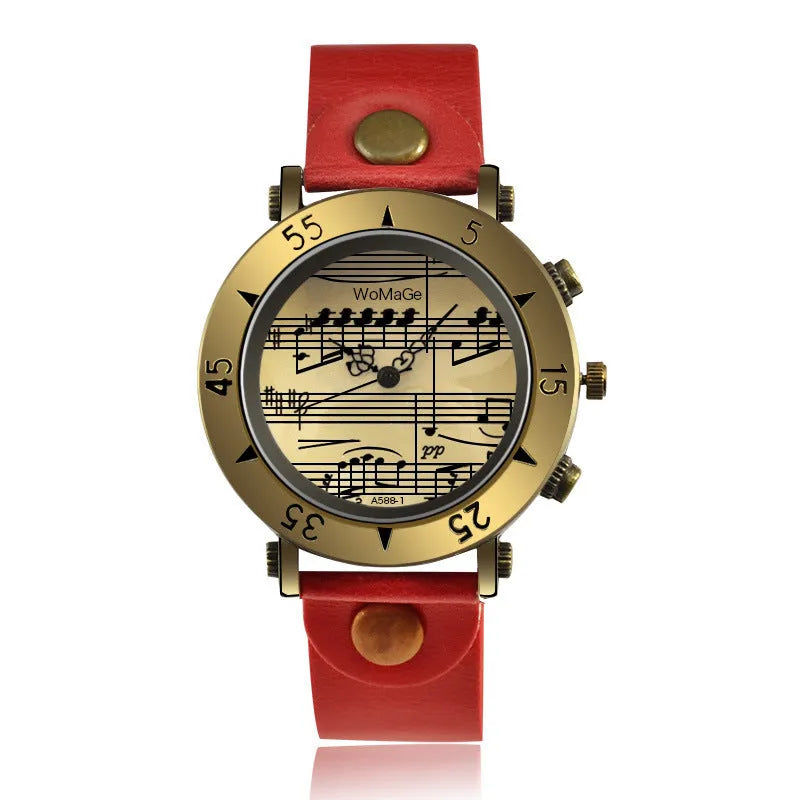 Men's fashion watch with musical notation symbols on the dial, shown in multiple colour options.