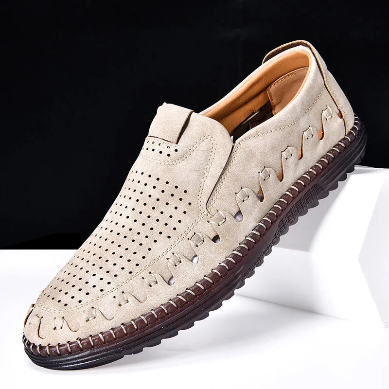Men's brown slip-on leather shoes with round toe, low-top design, and hollowed-out details on artificial PU upper