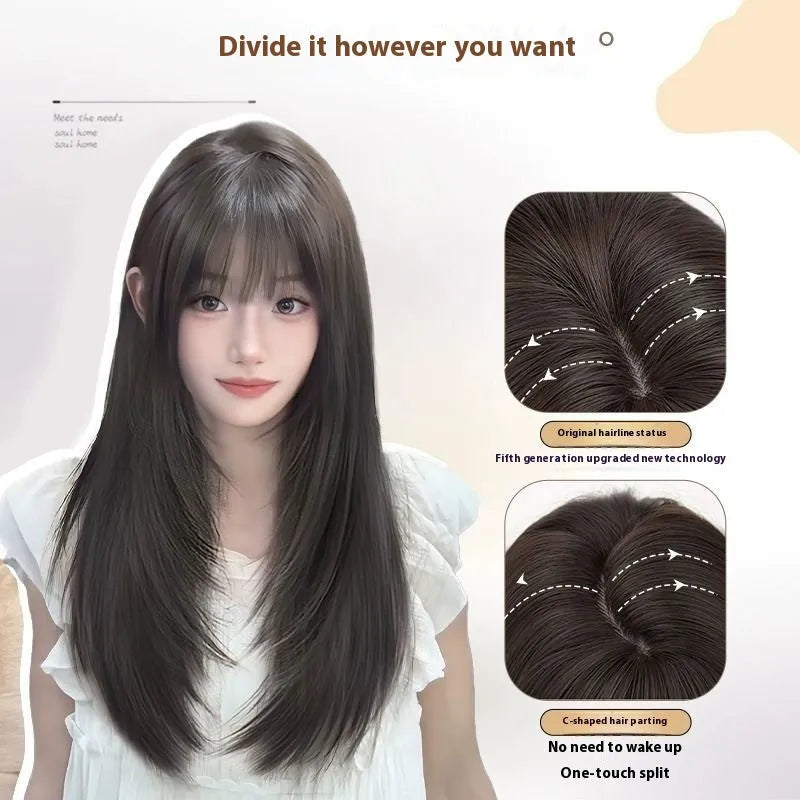Black long straight layered wig with integrated hair net for women