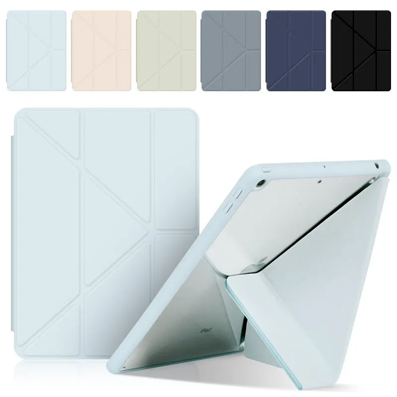 iPad acrylic Y folding protective case with pen slot in imitation leather, showing bracket function