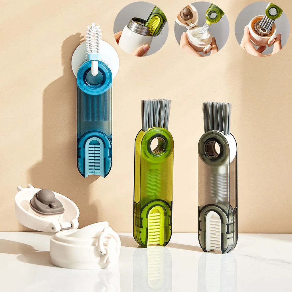 3-in-1 tiny bottle cup cover brush straw cleaner tool in transparent green, showing spiral brush and bevel corner design