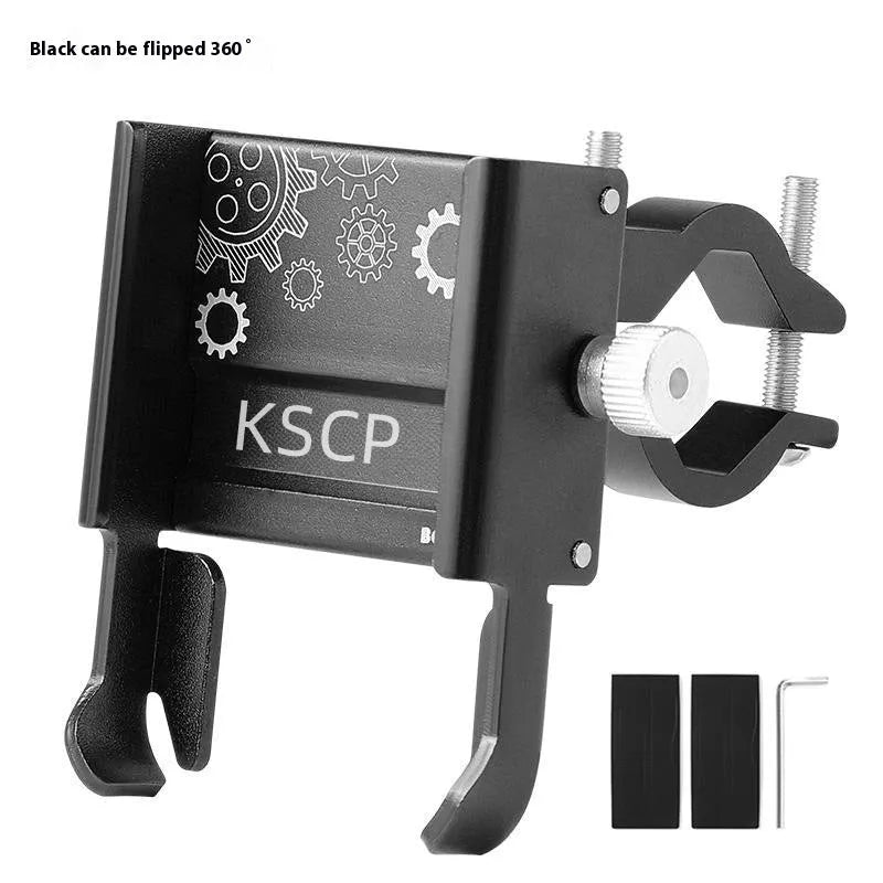 Aluminium alloy mobile phone holder mounted on a bicycle handlebar, shown in black.