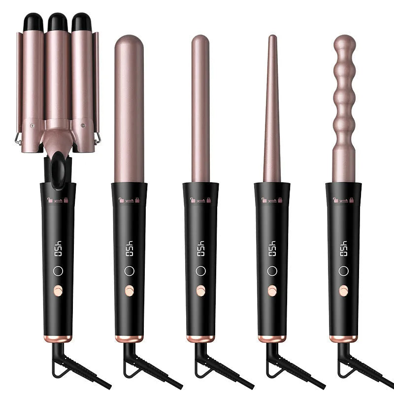 Rose gold five-in-one hair curler with LCD screen and multiple interchangeable curling tubes