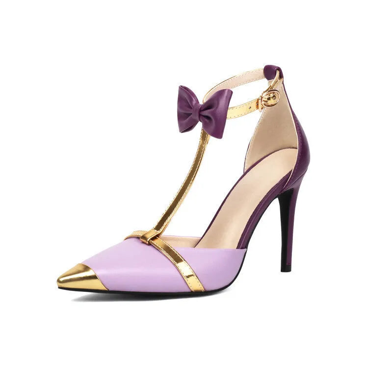Purple and white plus size women's closed toe high heel sandals with buckle fastening
