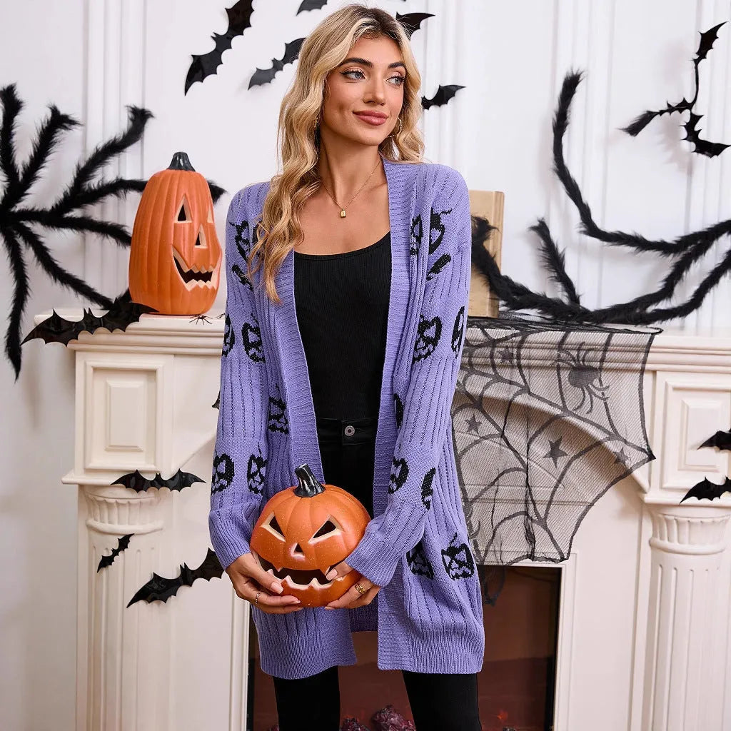 Women's black cardigan with orange pumpkin head jacquard pattern, regular sleeves, medium 65cm length
