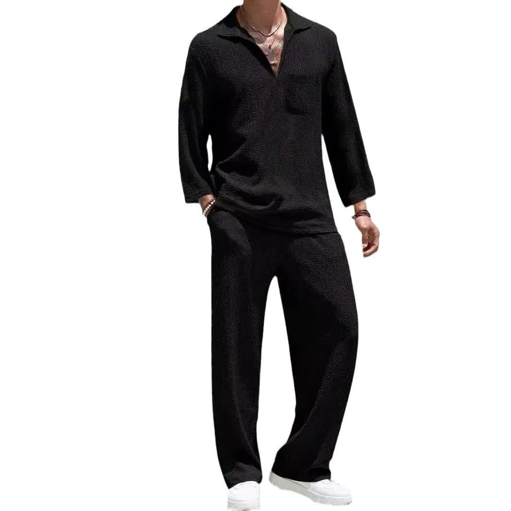 Men's casual shirt trousers commuter suit in lake blue, khaki, black, or caramel colours, sizes M to 3XL, for autumn leisure wear