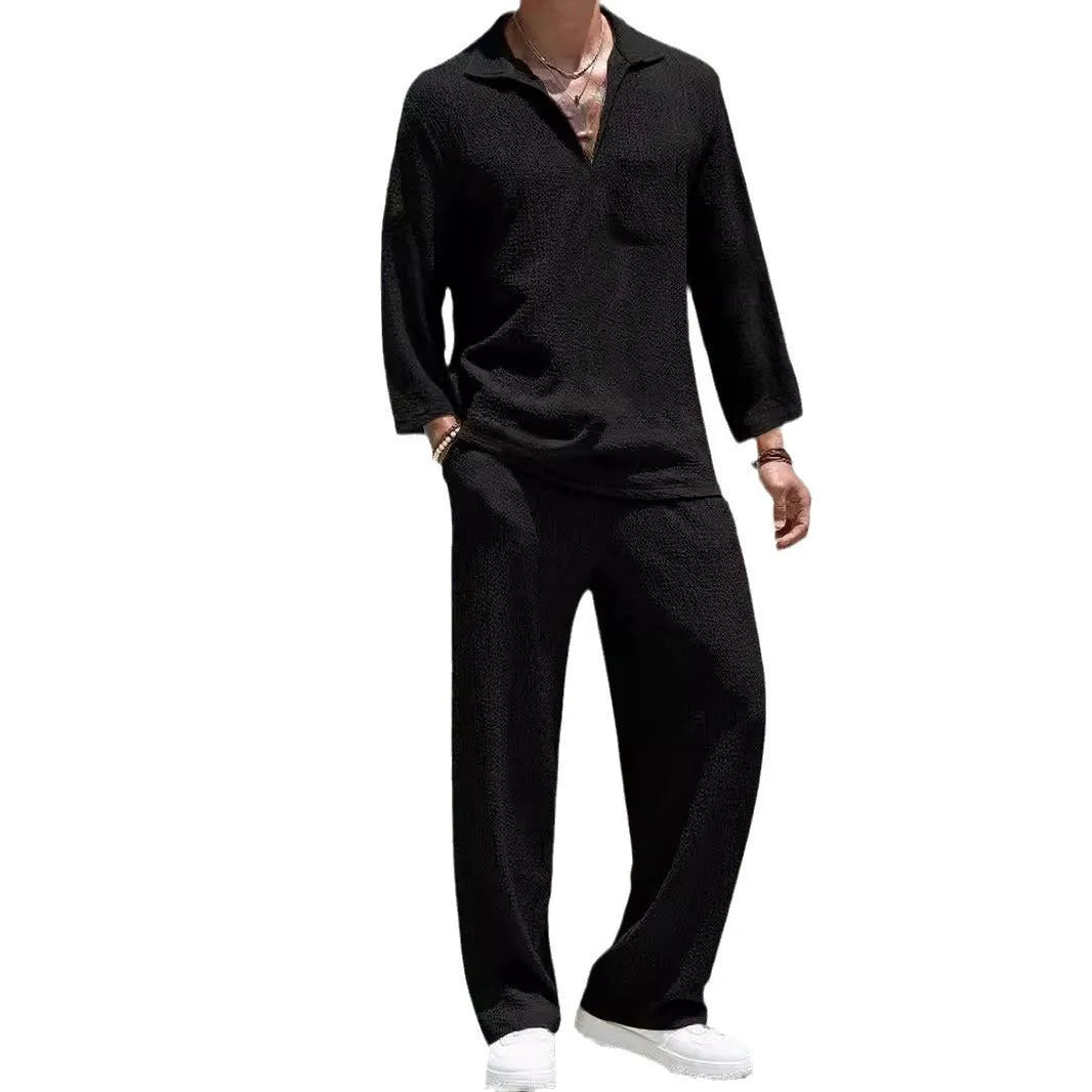 Men's casual shirt trousers commuter suit in lake blue, khaki, black, or caramel colours, sizes M to 3XL, for autumn leisure wear