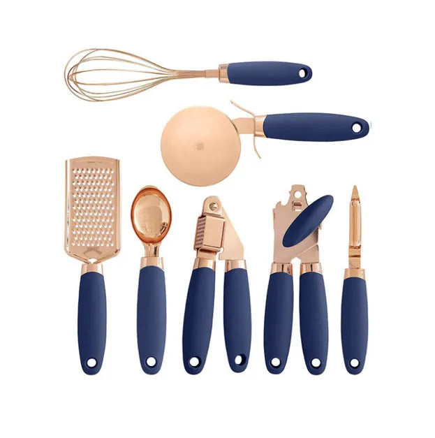 Seven-piece stainless steel kitchen utensil set in rose gold, mint green, pink, white, black, grey, or blue colour options