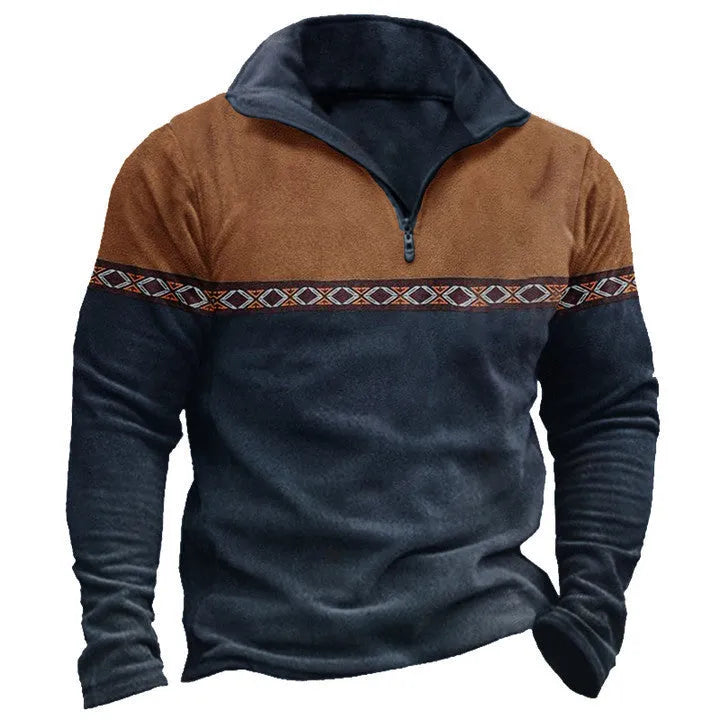 Retro patchwork zip-front polo shirt sweater in cotton blend fabric