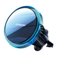 Black magnetic wireless car charger mounted on a car air vent, charging a mobile phone.