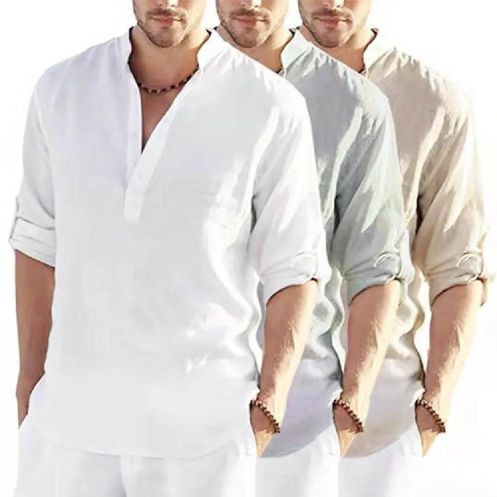 Men's cotton linen long sleeve shirt in solid colour with stand collar and roll-up sleeves