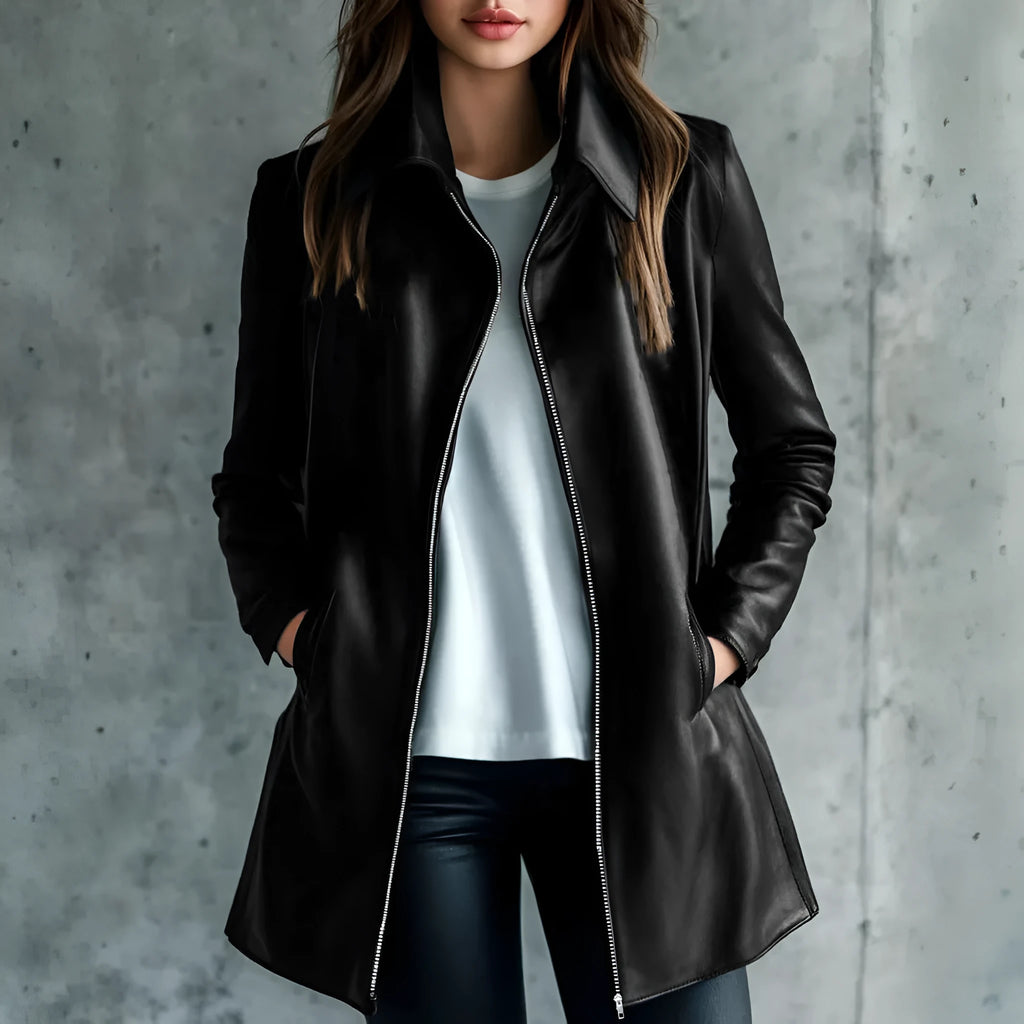 Women's black polyester leather jacket with long sleeves and medium 65cm length