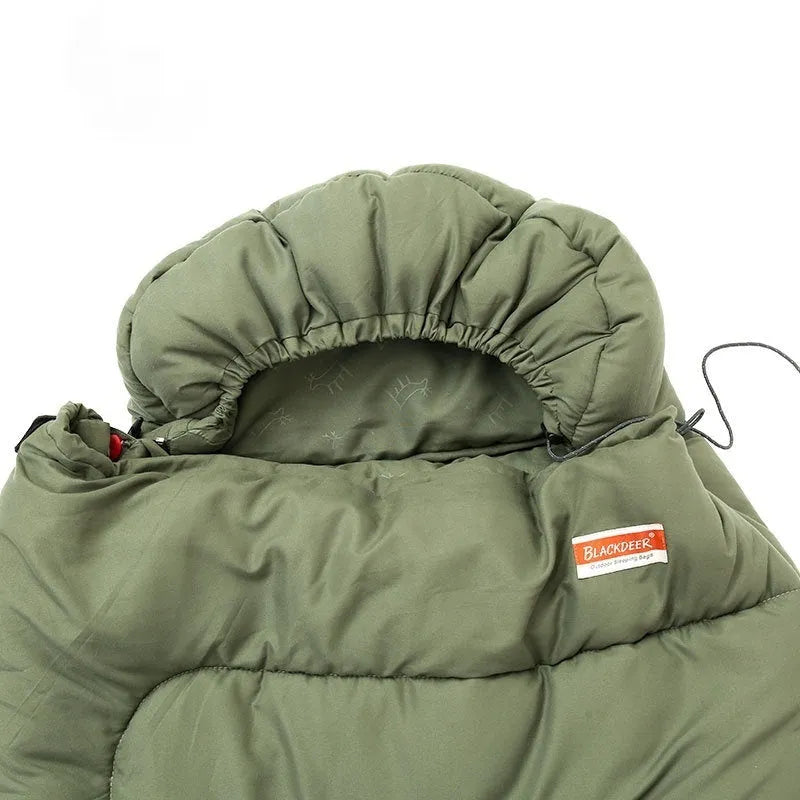 Ochre and olive green cotton sleeping bag with 300g/m² fill, packed to 40cm x 20cm for camping
