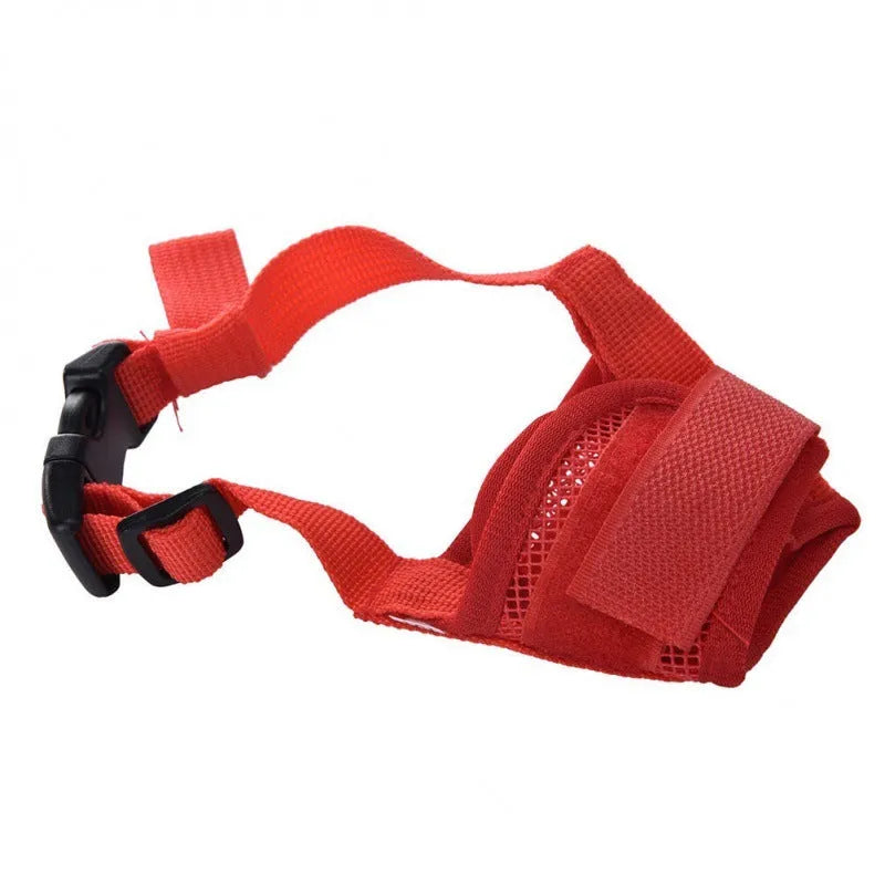 Adjustable plastic dog muzzle in black, red, blue, pink, or purple colours showing size options for biting and barking control