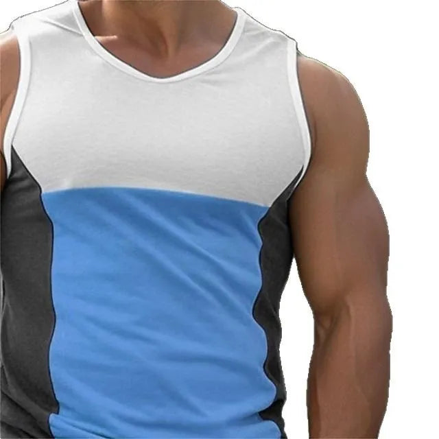 Men's blue contrast colour sports vest made from cotton-polyester blend fabric.