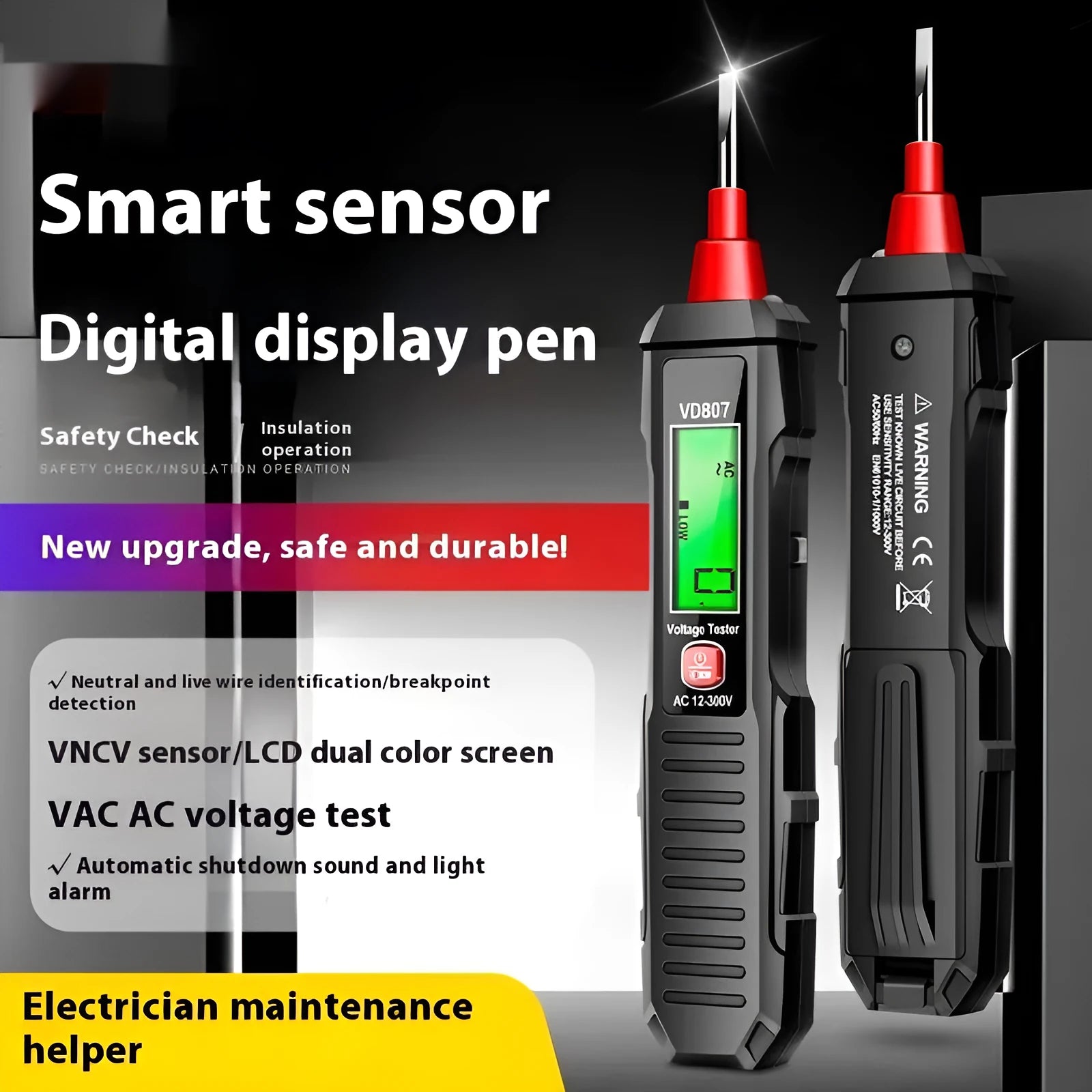 Digital voltage tester pen with LCD display showing voltage reading, black and red plastic housing