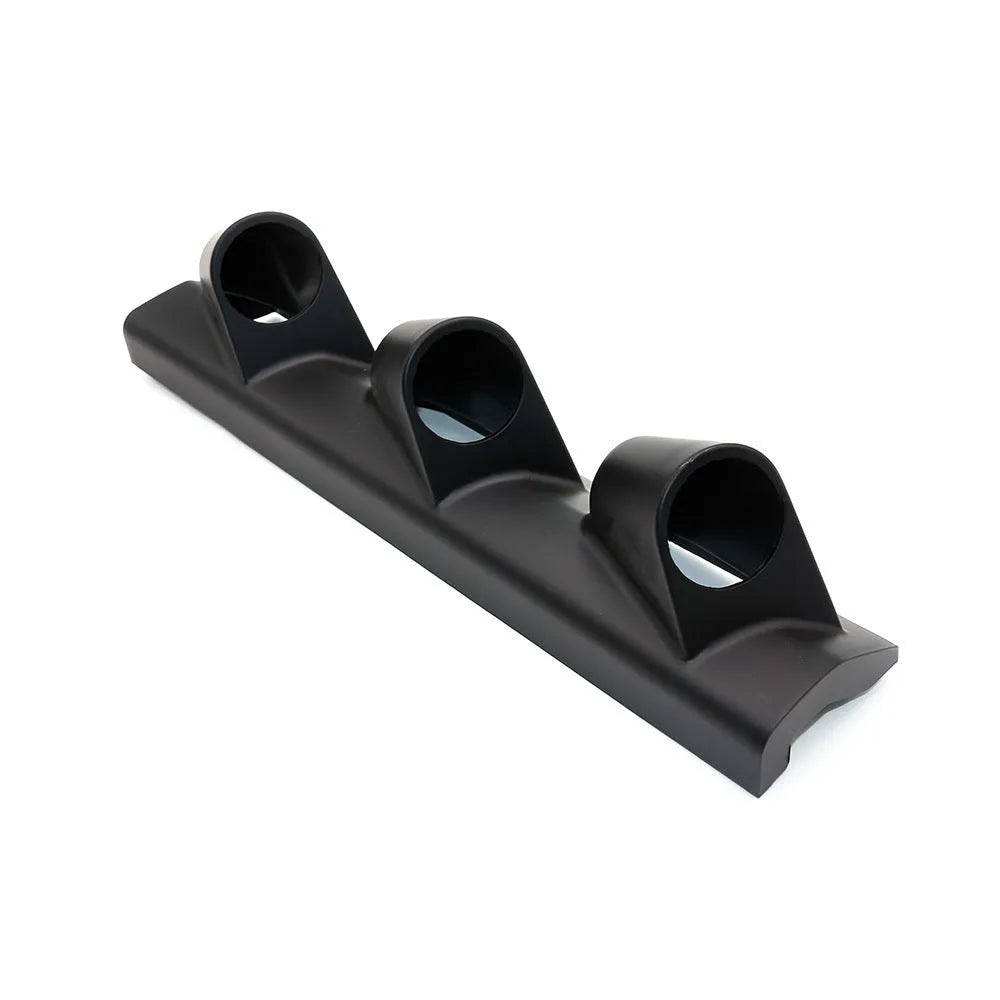 Black ABS plastic instrument stand with three mounting holes for 52mm racing gauges in right-drive configuration
