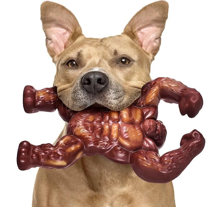 Scarlet red bone-shaped nylon dog chew toy with beef flavour for molar nibbling.