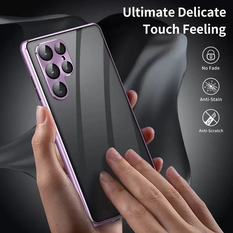 Samsung Galaxy S24 Ultra magnetic mirror phone case in black with peep-proof design and universal magnetic suction