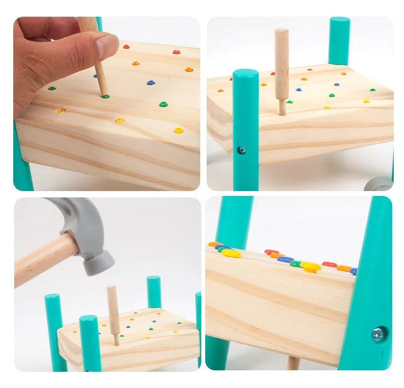 Wooden hammering nail toy with 17 coloured nails, hammer, reverse knock and nail plate, 19 x 13.5 x 16 cm