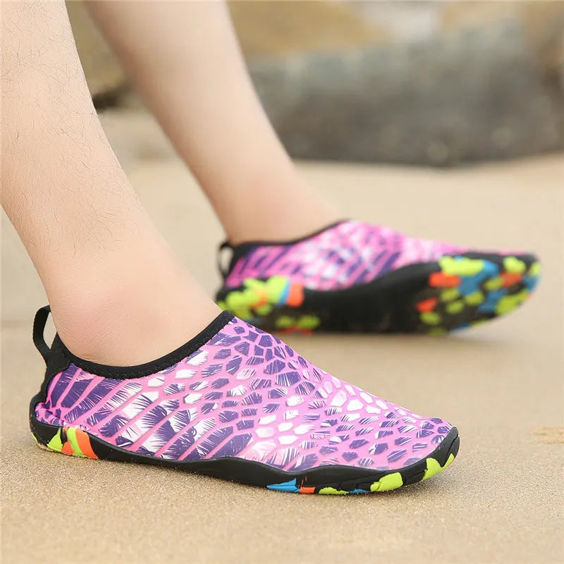Beach wading shoes showing Lycra elastic fabric upper and EVA midsole in camouflage colour option
