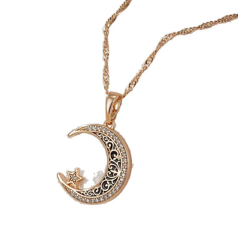 Rose gold star and moon necklace with enamel zircon pendant on a water wave chain