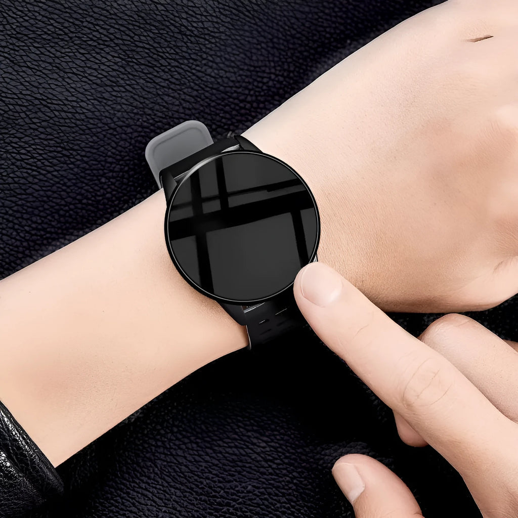 Unisex smart watch with black rubber strap and 1.3-inch screen for Android fitness tracking