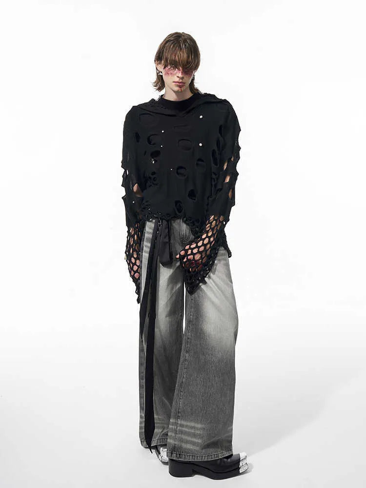 Black men's hooded sweater with pearl decorative details, loose fit design for spring wear