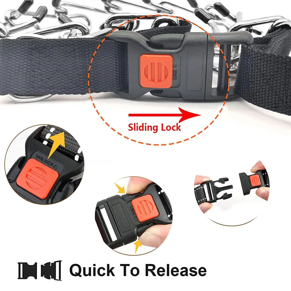 Dog training stimulation chain collar with spiked design in black, reflective blue, and reflective green colour options