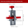 Aluminium cabinet door installation aid showing 10mm diamond template and depth adjustment mechanism
