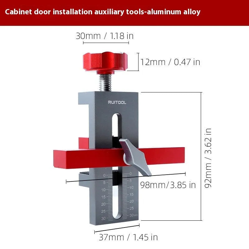 Aluminium cabinet door installation aid showing 10mm diamond template and depth adjustment mechanism