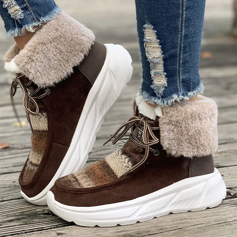 Women's lace-up snow boots in beige with suede upper, platform sole, and thermal plush lining for winter wear