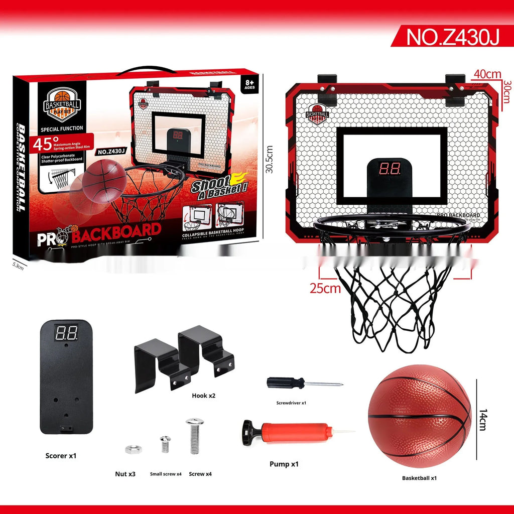Red folding basketball frame with 400x300mm panels, 25cm frame height, and suction cup installation for indoor use