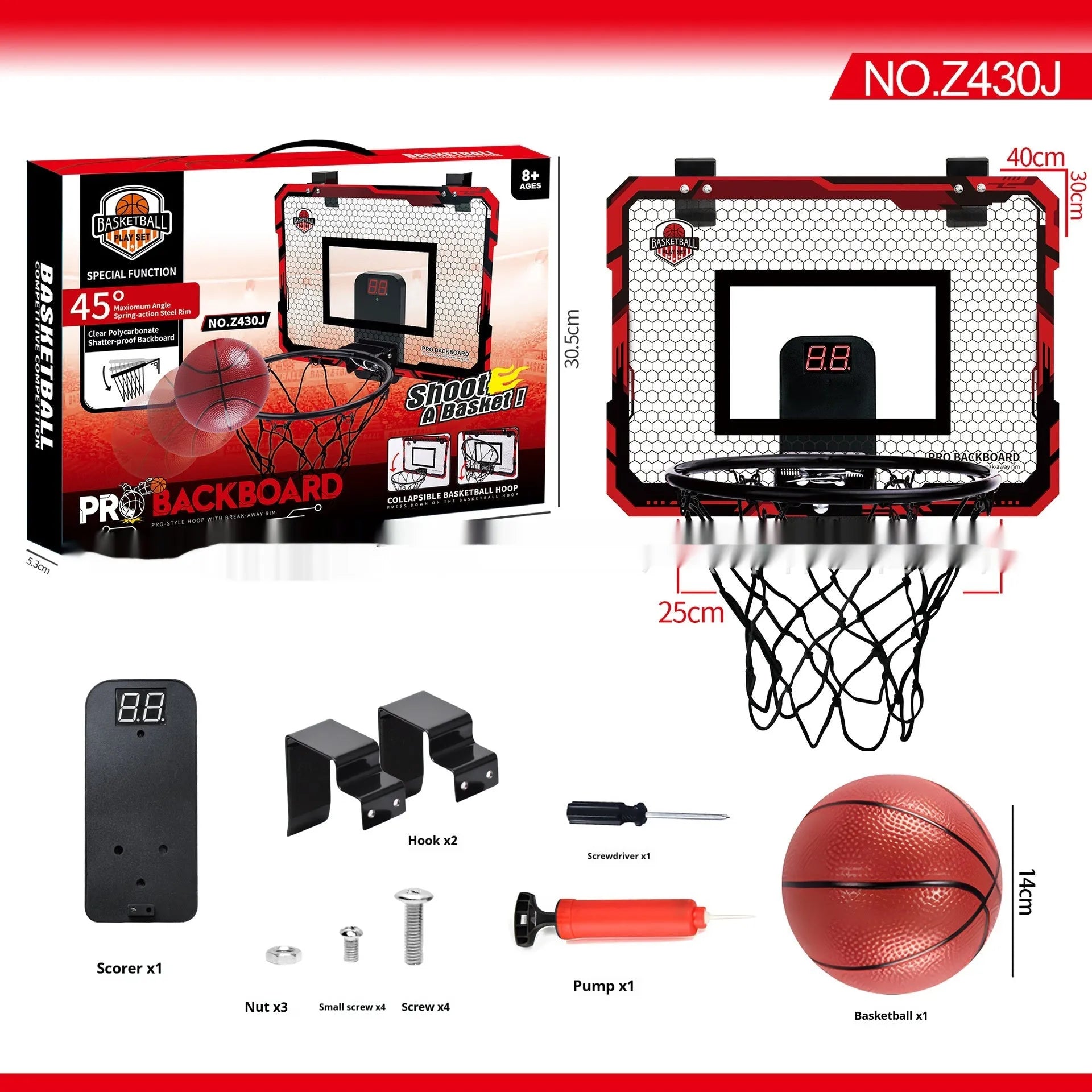 Red folding basketball frame with 400x300mm panels, 25cm frame height, and suction cup installation for indoor use