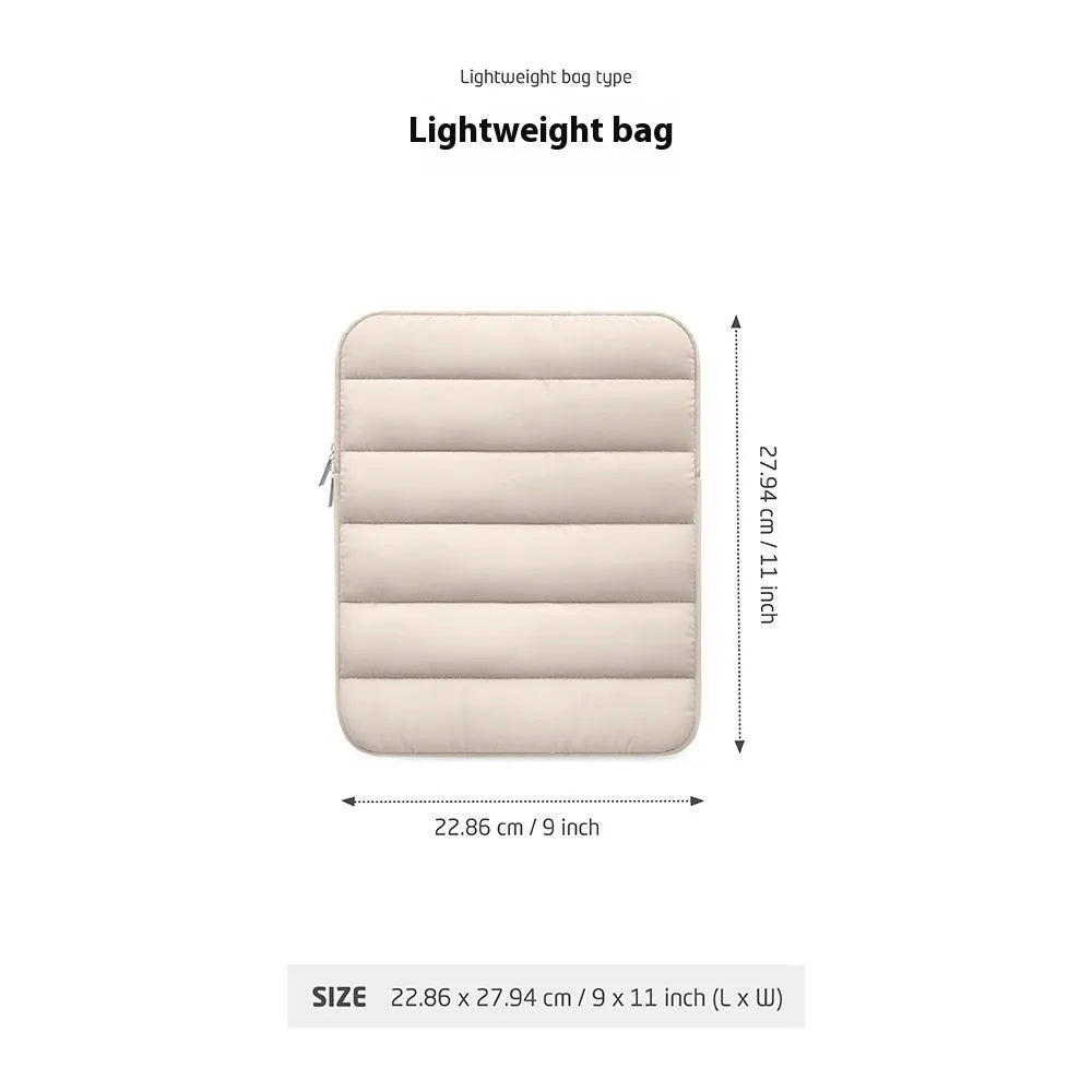 Puff Bag Fluffy Air Feeling Laptop Sleeve in black showing elastic sides and waterproof polyester lining
