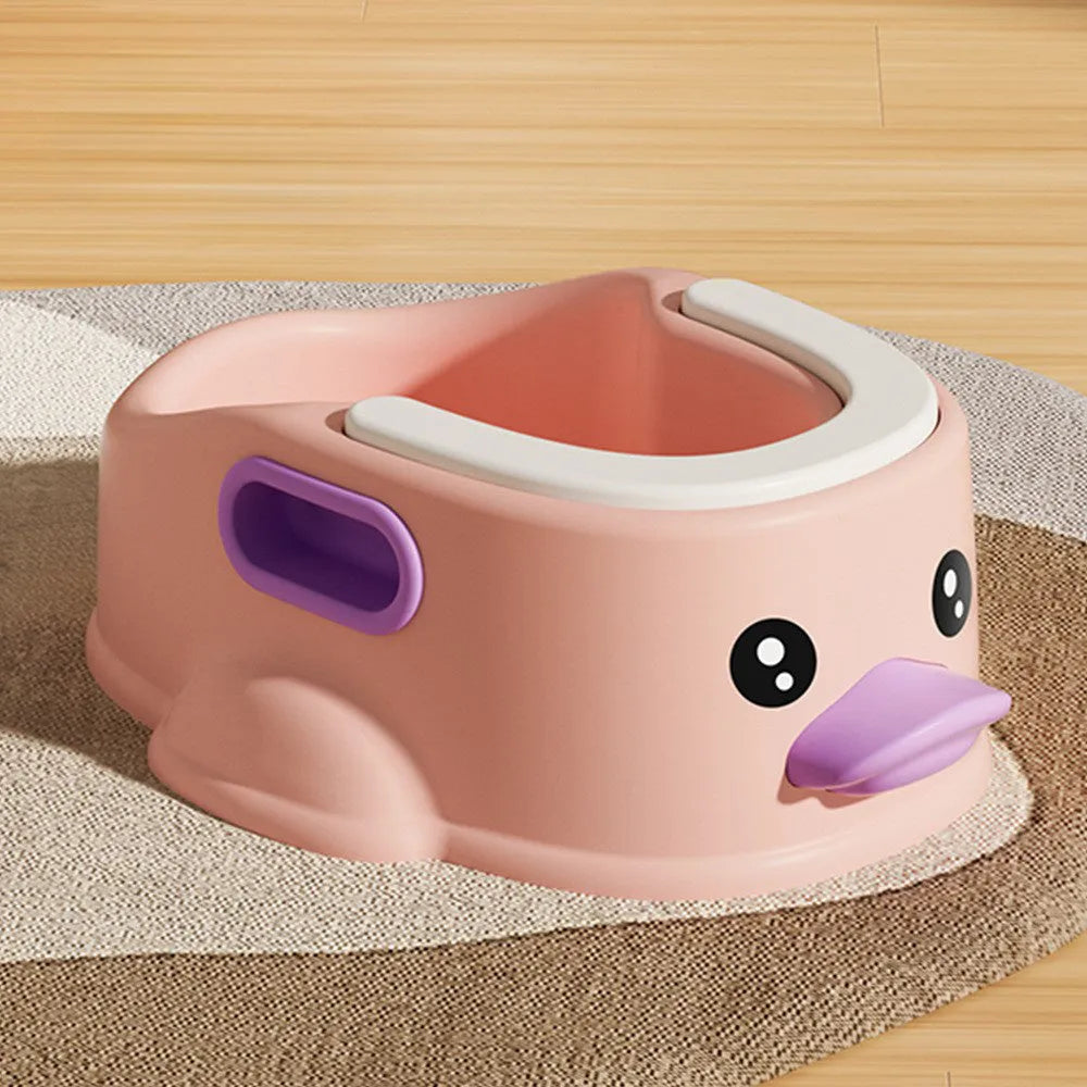 A blue PVC duck-shaped pet bathing pool for dogs and cats on a bathroom floor.