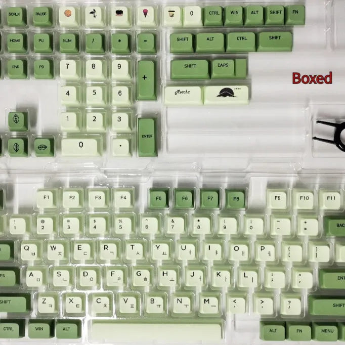 124 Matcha green PBT keycaps with white dye-sublimated legends, arranged in a keyboard layout.